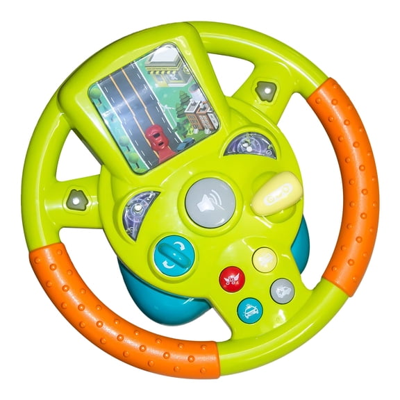 Green Car Steering Wheel Toy For Toddlers - Simulation Driving Wheel With Suction Cup - Pretend Play Vehicle Toy With Sound Effects - 6.5 X 4.9 Inches