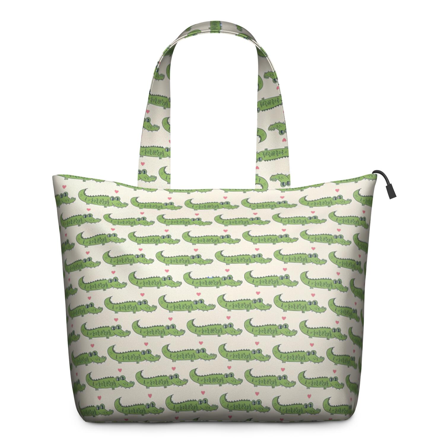 Green Cartoon Crocodiles Hearts Pattern Travel Tote Bags for Women Carry On,Large Weekender Bags for Women Travel,Multi Functional Duffle Bag for Work,Shopping,Sports