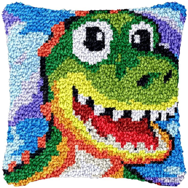 Green Cartoon Dinosaur Latch Hook Pillowcase Kits for Adults and Starter DIY Cushion Cross Stitch Latch Hook Rug Kits with Preprinted Canvas Crochet Yarn Kits Needlework Crafts 17'' X 17''