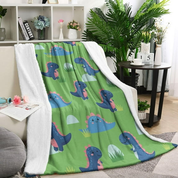 Green Cartoon Dinosaurs Grass Pattern Blanket,Comfortable Soft Lamb Wool Throw Blanket,All Season,Warm Lightweight Blankets for Sofa Bed Couch Living Room Chair,60"x80"