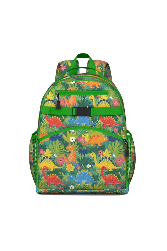 Green Cartoon Dinosaurs Jungle Flowers Pattern Backpack for School,Cute School Bag,Schoolbag with Adjustable Shoulder Straps & Padded Back,15.25"x11.5"x5.25"