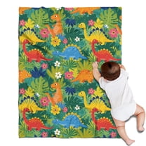Green Cartoon Dinosaurs Jungle Flowers Pattern Blanket,Comfortable Soft Flannel Throw Blanket,All Season,Warm Lightweight Blankets for Sofa Bed Couch Living Room Chair,30"x40"