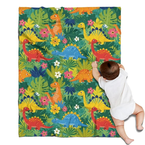 Green Cartoon Dinosaurs Jungle Flowers Pattern Blanket,Comfortable Soft Flannel Throw Blanket,All Season,Warm Lightweight Blankets for Sofa Bed Couch Living Room Chair,30"x40"