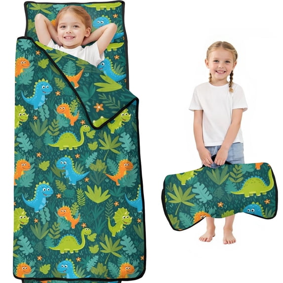 Green Cartoon Dinosaurs Jungle Pattern Teens Toddler Nap Mat with Pillow, Sleeping Mat Bag for Preschool Daycare 60"x20"
