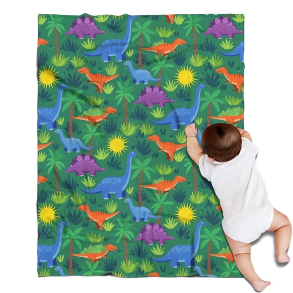 Green Cartoon Dinosaurs Palm Trees Sun Pattern Blanket,Comfortable Soft Flannel Throw Blanket,All Season,Warm Lightweight Blankets for Sofa Bed Couch Living Room Chair,30"x40"