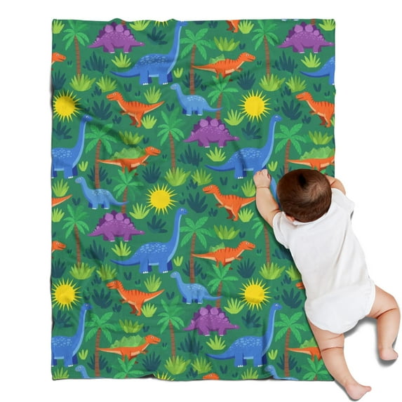 Green Cartoon Dinosaurs Palm Trees Sun Pattern Blanket,Comfortable Soft Lamb Wool Throw Blanket,All Season,Warm Lightweight Blankets for Sofa Bed Couch Living Room Chair,30"x40"