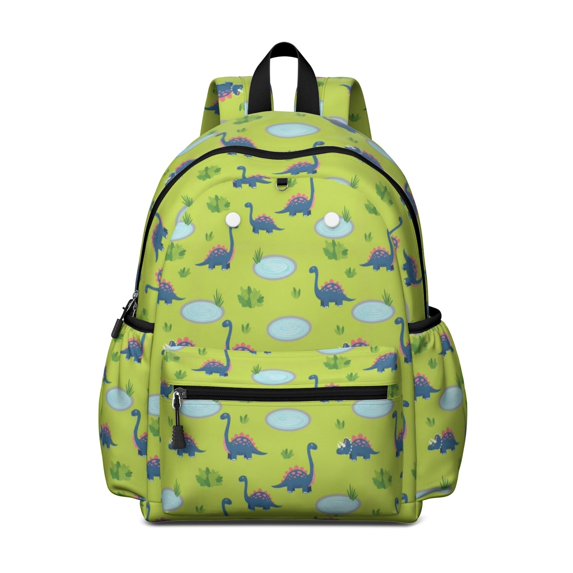 Green Cartoon Dinosaurs Ponds Pattern Cute School Backpack with Padded Back and Adjustable Shoulder Straps 13.4"x11"x4.7"