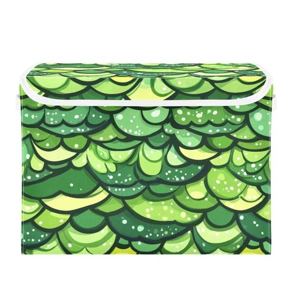 Green Cartoon Leaf Large Storage Bins with Linen Collapsible Lid Storage Box 16.7 x 12.6 x 11.8in