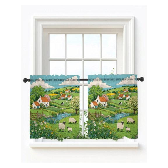Green Cartoon Town Sheer Kitchen Tier Curtains 24 Inch Length,Short Curtains for Small Windows Cafe,Window Farmhouse Sheep Countryside Rod Pocket Voile Half Window Treatments 27.5"x24" 2 Panels