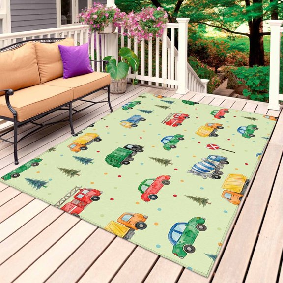 Green Cartoon Truck Outdoor Rug 3x5 Ft, Non Slip Washable Area Rug, Funny Cute Colorful Car Tree Polka Dot Patio Rugs Carpet Runner, Large Floor Mat for Indoor/Outdoor Deck Porch Camping