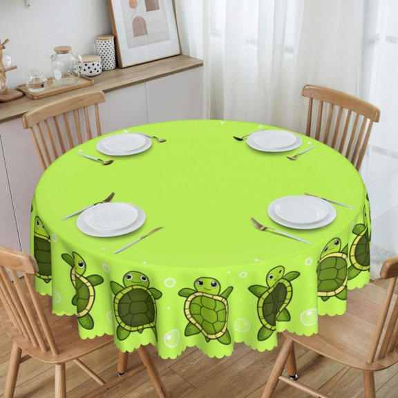 Green Cartoon Turtle Animal Wreath Round Tablecloth Waterproof Oil Proof Spill Proof Table Cloth 70" for Camping, Dining, Indoor and Outdoor Table Cover