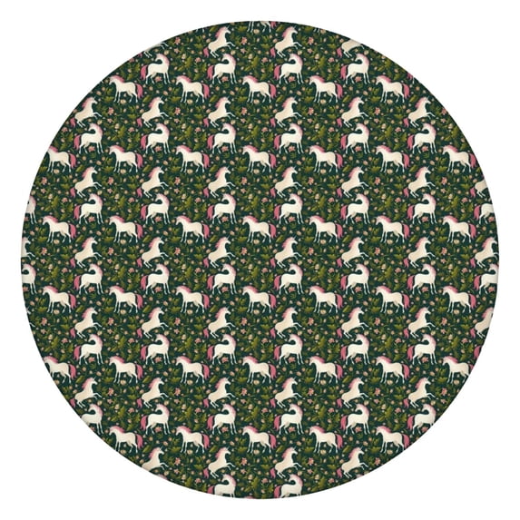 Green Cartoon Unicorn Floral Pattern Round Fitted Tablecloth with Elastic Edge,Dining Table Cover Waterproof,Outdoor Round Tablecloth for Camping,Dining,Indoor and Outdoor