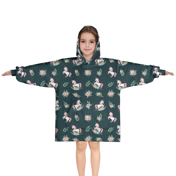 Green Cartoon Unicorn Flower Pattern Blanket Hoodies for Kids 6-13YR Oversize Wearable Blanket Hoodies for Boys Girls Teens
