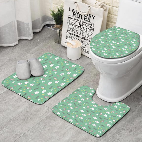 Green Cartoon Unicorn Lightning MAGIC Cloud Pattern Bathroom Rugs Sets 3 Piece,Toilet Cover Set,Absorbent Non Slip Bathroom Mats Sets with U-Shaped Contour Rug Toilet Rug Set