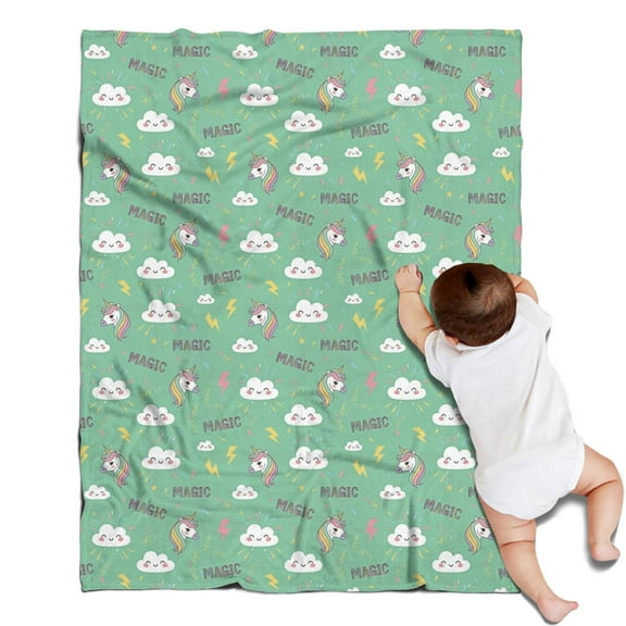 Green Cartoon Unicorn Lightning MAGIC Cloud Pattern Blanket,Comfortable Soft Flannel Throw Blanket,All Season,Warm Lightweight Blankets for Sofa Bed Couch Living Room Chair,30"x40"