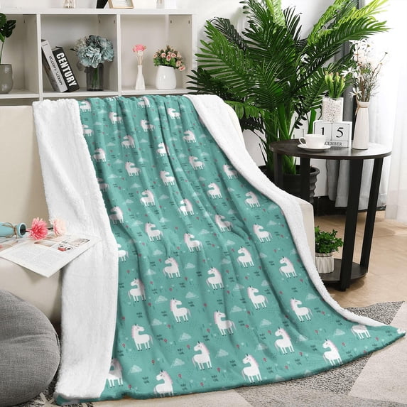 Green Cartoon Unicorn Pattern Blanket,Comfortable Soft Lamb Wool Throw Blanket,All Season,Warm Lightweight Blankets for Sofa Bed Couch Living Room Chair,50"x60"
