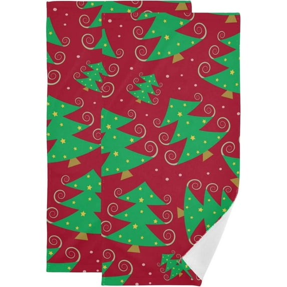 Green Cartoon Xmas Tree Hand Towels, Merry Christmas Kitchen Towel Ultra Soft and Absorbent,Decorative Fingertip Face Towel for Bathroom Hotel, 2 PCS, 28.3"x 14.4"