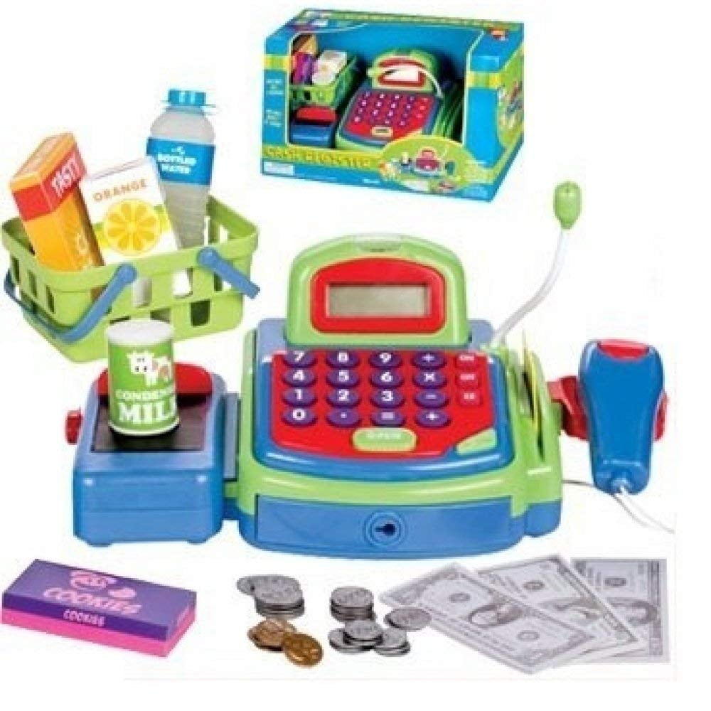Green Cash Register, Multi-functional Educational Pretend Play, w/ Battery Operated Toy Money, Credit Card, Working Calculator and Microphone, Scanner, Groceries (Green)