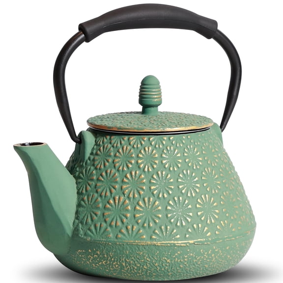 Green Cast Iron Teapot 32oz Sakura Blossom Pattern With Infuser For Loose Leaf Tea And Coffee