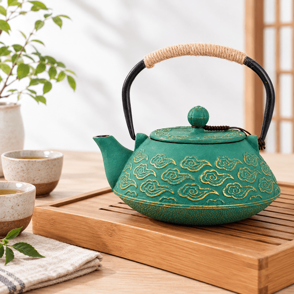 Green Cast Iron Teapot with Infuser, Enameled Interior, Cloud Pattern, 27oz Stovetop Safe Tea Kettle