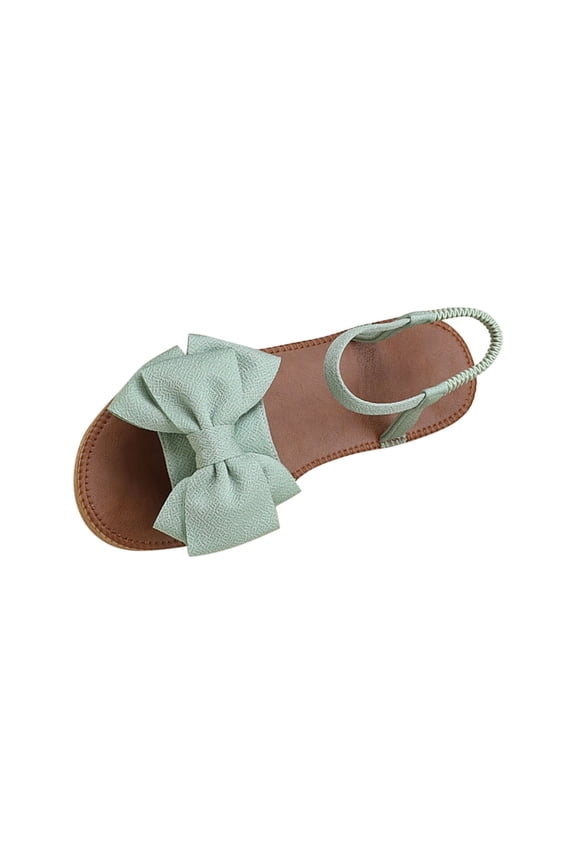 Green Casual Bow Sandals For Women Round Toe Open Toe Elastic Back Flat Heel Comfortable