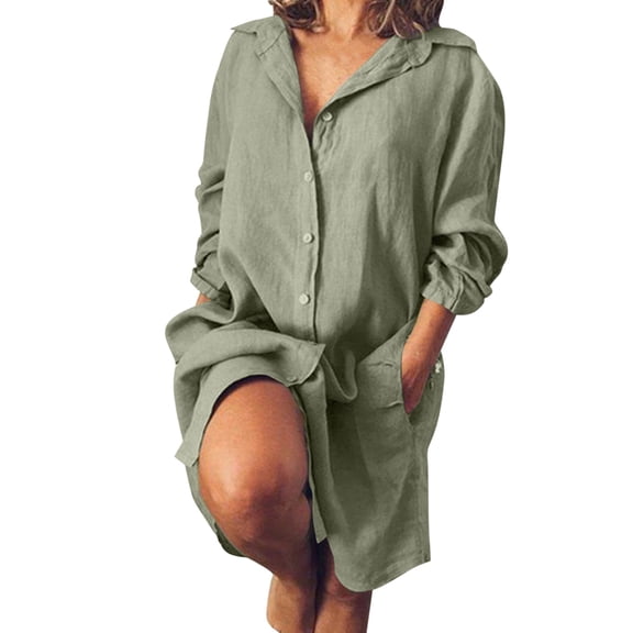 Green Casual Dresses Women Cotton And Linen Shirt Dress Casual Loose Maxi Dresses Summer Dresses for Women 2024