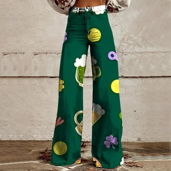 Green Casual Pants Women Wide Leg Pants Woman High Waist Floral Patterned Pants Lightweight Loose Fit Casual Colorful Trouser Imitation Jeans
