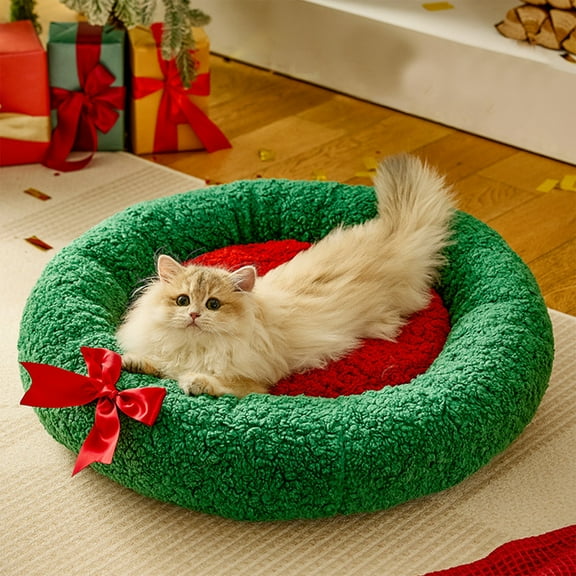 Green Cat Bed, 16" Soft Christmas Washable Pet House for Small Medium Large Cats & Dogs, Portable Warm Nest for Indoor Outdoor