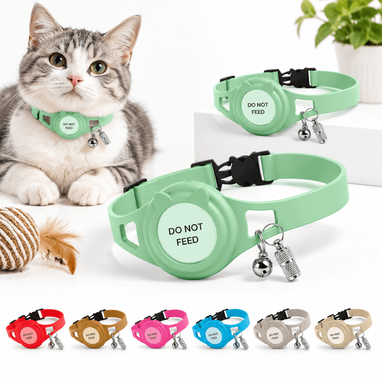 Tagger Clasp Green Cat Collar with Breakaway Clasp, Airtag Holder, Bell, and ID Tag ...