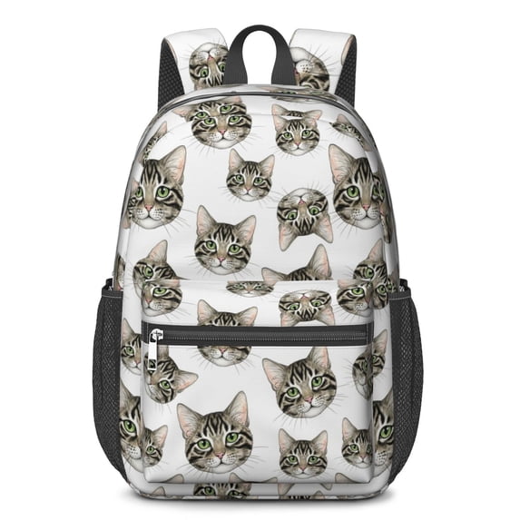 Green Cat Head White Pattern 17" Waterproof Oxford School Backpacks for Teens, S-Shape Padded Straps, for School, Travel, Hiking, Camping