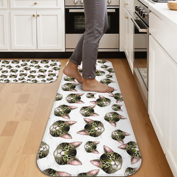 Witite Pattern Green Cat Head White Pattern 2 Piece Flannel Kitchen Floor Mat Set ...