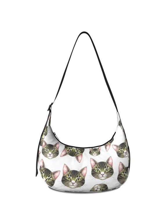 Green Cat Head White Pattern Hobo Shoulder Bag, Daily Shoulder Handbag with Adjustable Strap, Water Resistant Gift Ideas for Holiday Birthday Gifts