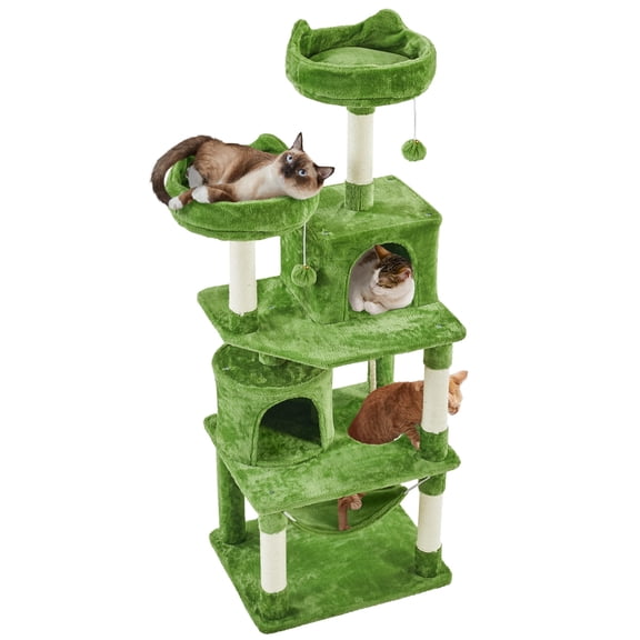 Green Cat Tree: Double Condos, 62.2" Tower for Large Kittens, Scratching Posts, Hammock & Foam-Padded Perches, Multi-Level Play House for Indoor Small/Medium Cats, Living Room Pet Furniture