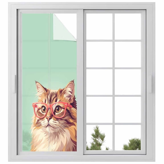 Green Cat Window Privacy Film, Funny Animals Modern Art Static Cling UV Sun Blocking Heat Control Window Tint Day and Night, Non-Adhesive Reusable One Way Windows Privacy Cover 23.6''x59''