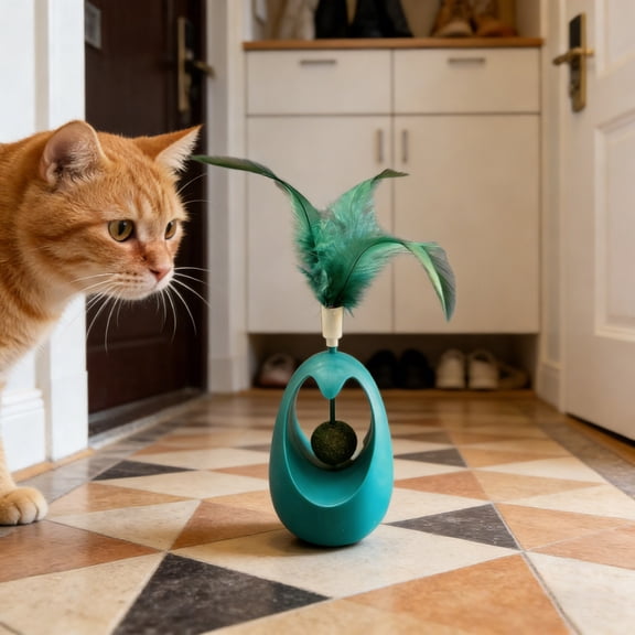 Green Catnip Tumbler Toy with Feathers – Wobbling Interactive Wand for Self-Entertaining Play, Eco-Friendly Plastic & Catnip Attraction Stimulates Bats/Pouncing, Sturdy Structure Withstands Biting