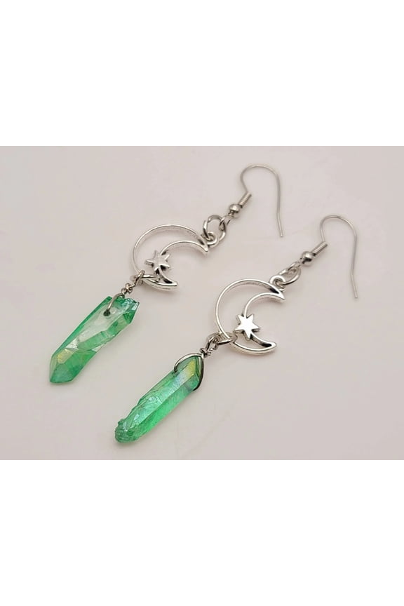 Green Celestial Aura Quartz Earrings Handmade, Cute earrings