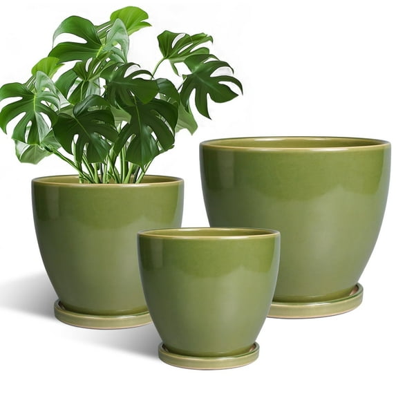 Ceramic Planter Pots Set of 3 - 10/8/6 inch with Drainage, Round Pots for Indoor Plants for Flowers & Succulents Modern Home Decor Glossy Green
