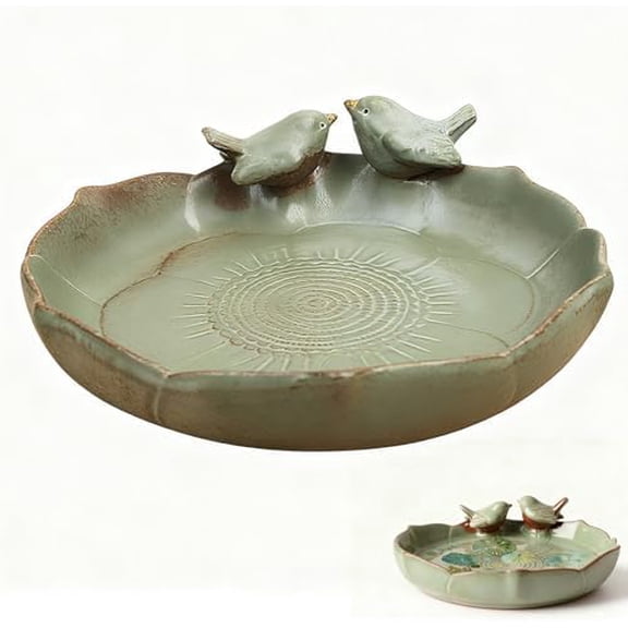 Green Ceramic Bird Bath Bowl - 9.45-Inch Ceramic Bird Baths for Outdoors, Durable Ground Bird Bath Bowl Ideal for Garden, Tabletop, Deck, Balcony & Lawn Use$$Garden & Patio