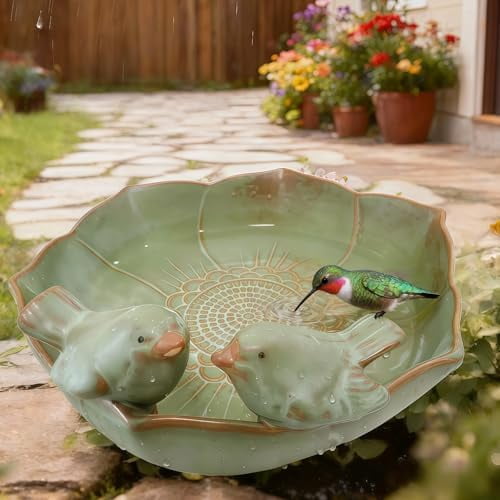 Green Ceramic Bird Bath Bowl for Outdoors, 10.1 Inch Garden Birdbath Suitable for Outdoor Ground and Garden use, Four Seasons Universal Birdbath for Deck, Balcony, Lawn$$Garden & Patio