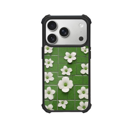 Green Ceramic Bloom Grid Shockproof Case For iPhone 12 13 14 15 16 Pro Max Series – TPU Bumper + Hard PC Back, Air-Cushion Corners