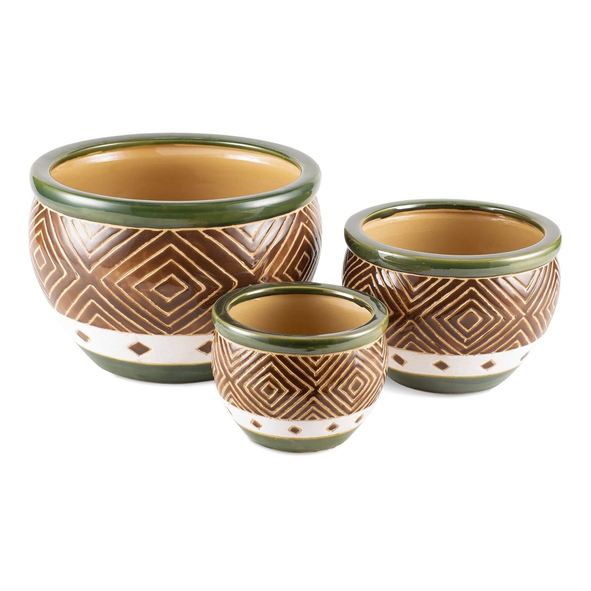 Jade and Sand Ceramic Diamond Pattern Outdoor Planter Trio