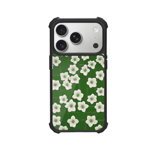 Green Ceramic Flower Shockproof Case For iPhone 12 13 14 15 16 Pro Max Series – TPU Bumper + Hard PC Back, Air-Cushion Corners