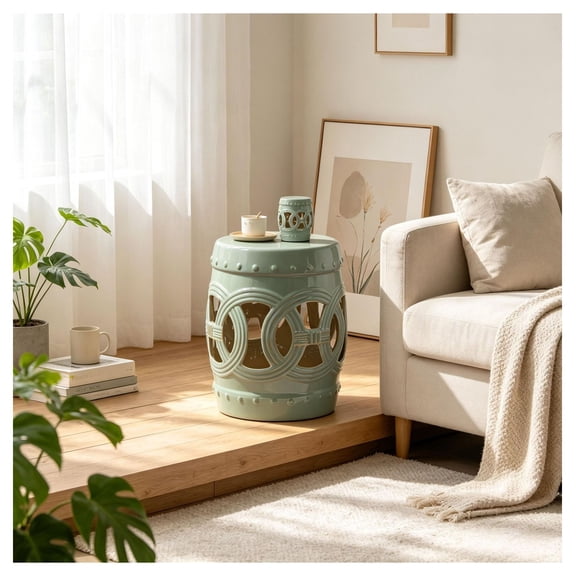 Green Ceramic Garden Stool - 14x17 Inch Outdoor Decorative Stool - Glazed Porcelain Footrest - Patio, Backyard, Deck Seating - Double-Coin Knot Design