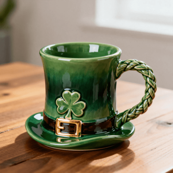 Green Ceramic Hat Planter & Candy Bowl, St. Patrick's Day Table Decor, Multi-use Shamrock Container for Desk & Kitchen