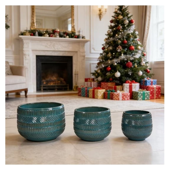 Green Ceramic Planters Set of 3, 14" 11" 9" - Textured Indoor/Outdoor Pots for Succulents & Herbs, Handmade Glazed Clay with Drainage, Tabletop & Shelf Decor