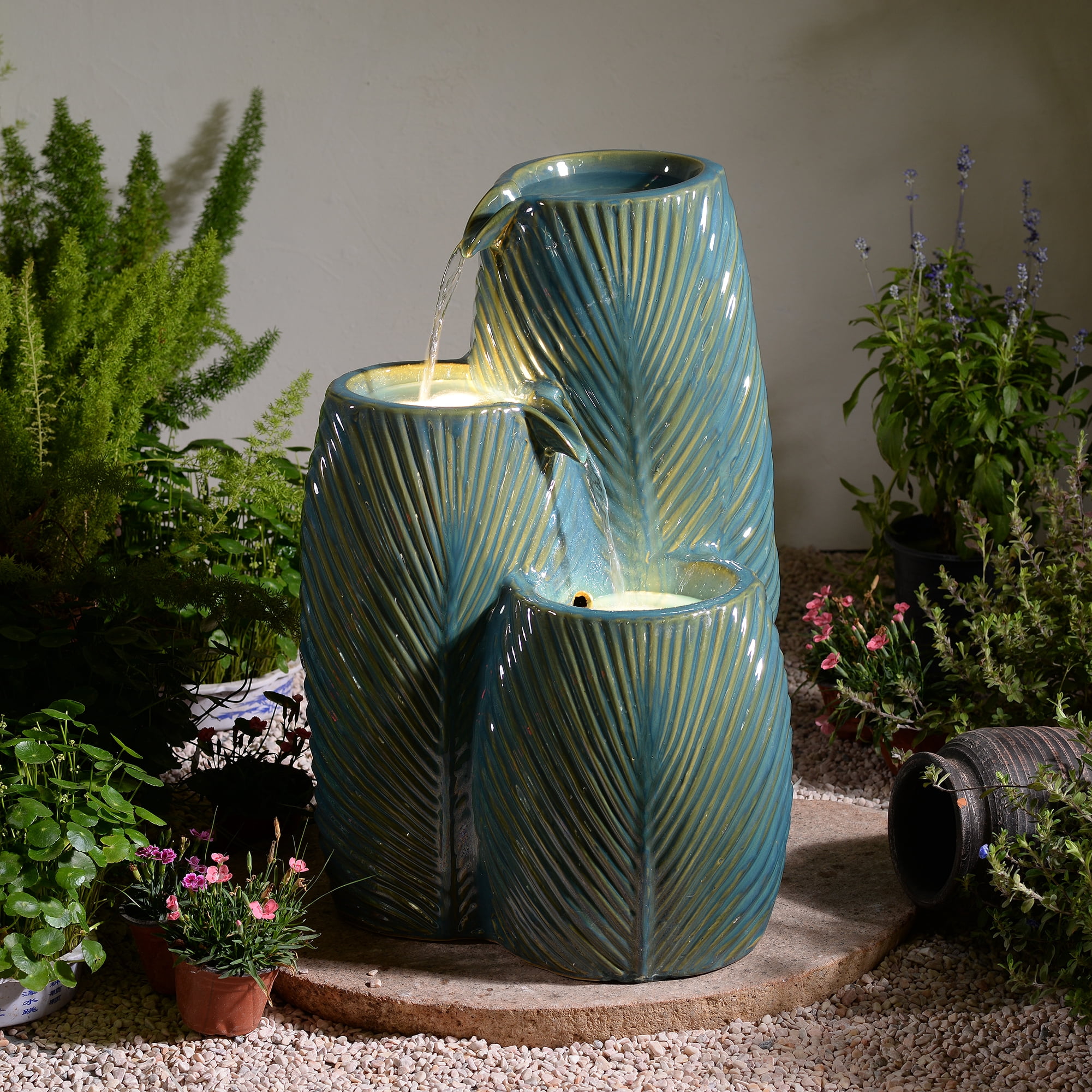 Green Ceramic Tiered Leaf Cascade Fountain, Decorative Water Fountain with LED Lights and Quiet Pump, Indoor Outdoor Water Feature for Patio, Garden, Deck, Balcony, Office and Home Décor