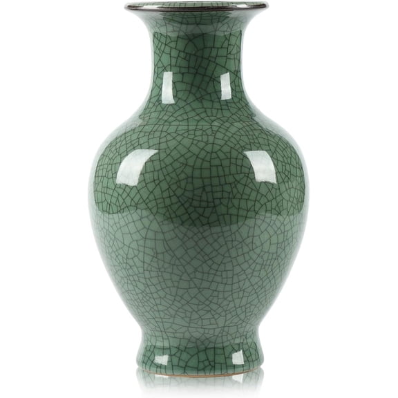 Green Ceramic Vase for Home Decor, Rustic Oriental Vases, Glazed Decorative Farmhouse Vase for Mantel, Table, Bookshelf, Living Room Decoration(Green)