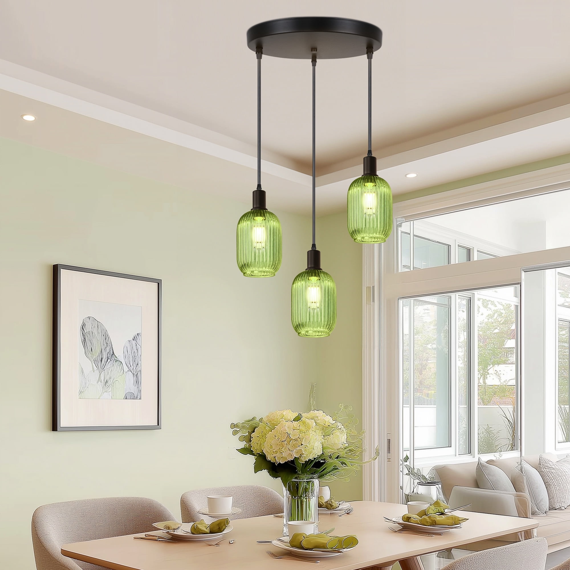 SparkGlowy 59in Glass Chandelier Pendant Lights for Kitchen Island Dining Room Modern Light Fixture Chandeliers Green