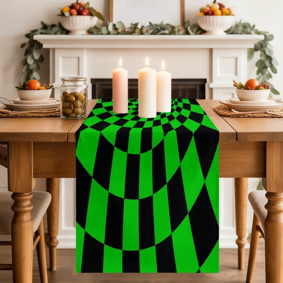 Green Checker Dining Table Runner, Modern Abstract Bright Green Tunnel Mosaic Cubes Washable Table Runners Kitchen Coffee Table Center Decor for Home Party Holiday Wedding 13 x 48 Inches
