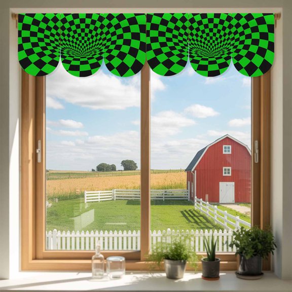 Green Checker Door Banner Modern Abstract Bright Green Tunnel Mosaic Cubes Small Scalloped Hanging Banner for Door, Hanging Flag Backdrop Decoration for Wall Window Party 3pcs, 8 x 12 Inch